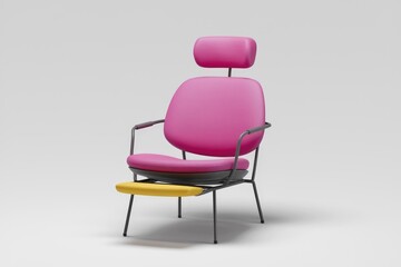 Obraz premium Pink armchair with a headrest and yellow footrest, modern design.
