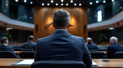 Fototapeta premium A man in a suit is sitting in a room with other people