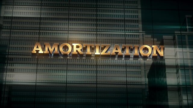Business Finance Economic Skyscraper Glass Reflections and Golden Text Reads Amortization