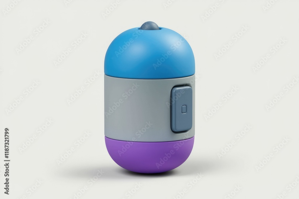 Poster a colorful, capsule-shaped device with a button, possibly a portable power bank or smart gadget.