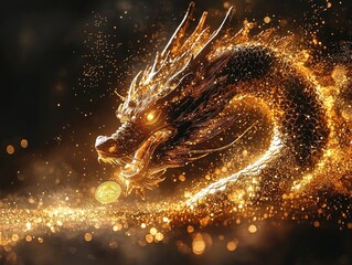 Golden dragon chasing coin amidst sparkling dust on dark background.
