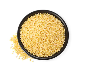 Millet groats in bowl isolated on white, top view