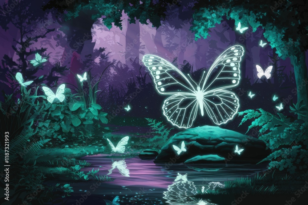 Poster Glowing butterflies flutter in a mystical, enchanted forest at night, creating a magical scene.