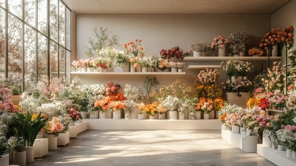 Bright and Colorful Flower Shop Filled With Blooms in Natural Light. Generative AI