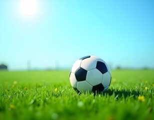 Fototapeta premium A classic soccer ball resting on lush green grass under a bright sky