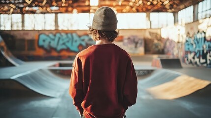 Fototapeta premium Skatepark interior, graffiti walls, concrete ramps, person wearing plaid shirt and beanie from behind, industrial warehouse setting, urban youth culture, natural lighting, wide open space, skateboardi