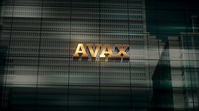 Business Finance Economic Skyscraper Glass Reflections and Golden Text Reads AVAX