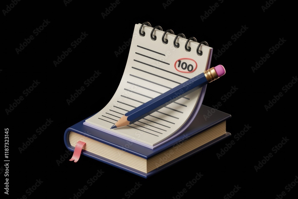 Poster a notebook with a pencil, displaying a perfect score of 100, symbolizing achievement and success.