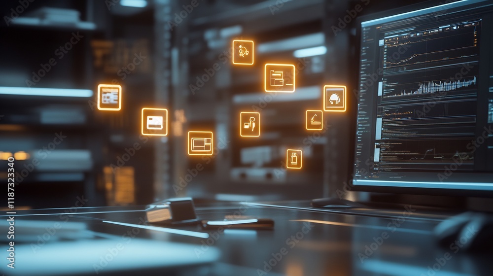 Poster deliverables represented luminous icons floating above sleek metallic workspace environment