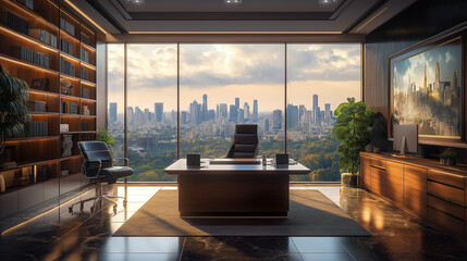 Fototapeta premium a well-lit office with a large window overlooking a city skyline