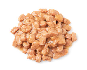 Pieces of wet pet food isolated on white, top view