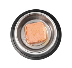 Wet pet food in feeding bowl isolated on white, top view