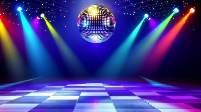 Disco ball is lit up with lights surrounding it. The lights are in different colors and are shining on the ball