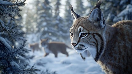Obraz premium Majestic Canadian Lynx with Tufted Ears in Snowy Forest Surrounded by Shadowy Lynx Silhouettes