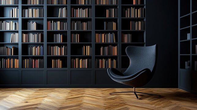 A library with a chair in the middle of it