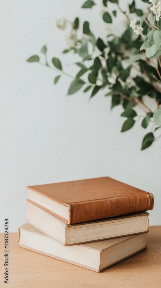 Poster vintage books and foliage a cozy library corner with vintage books and greenery in soft light settin