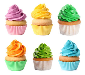 Yummy cupcakes with cream isolated on white, collage