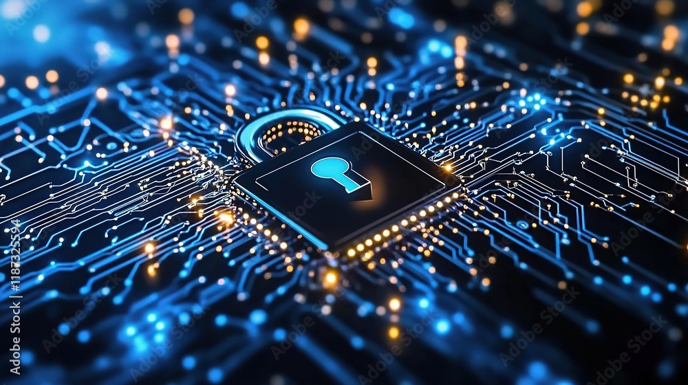 Poster cybersecurity concept with padlock and binary code background