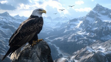 Majestic Bald Eagle Perched on Rocky Outcrop Scanning Snow Capped Canadian Rockies Under Morning Light
