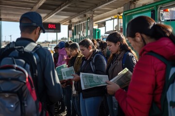 People waiting in line at border crossing with documents in hand