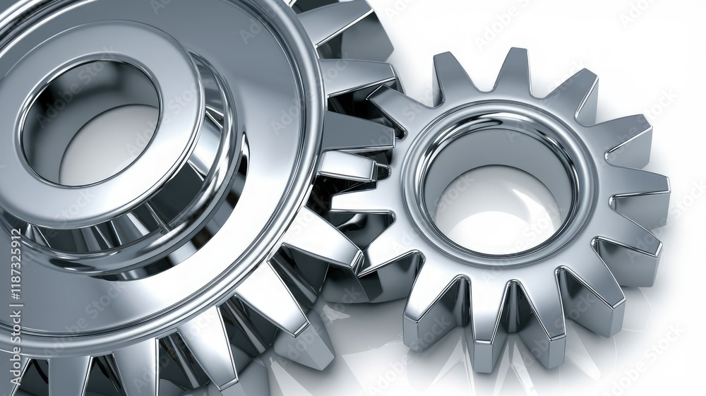 Poster two chrome gears interlock, symbolizing teamwork, mechanics, and precision engineering.