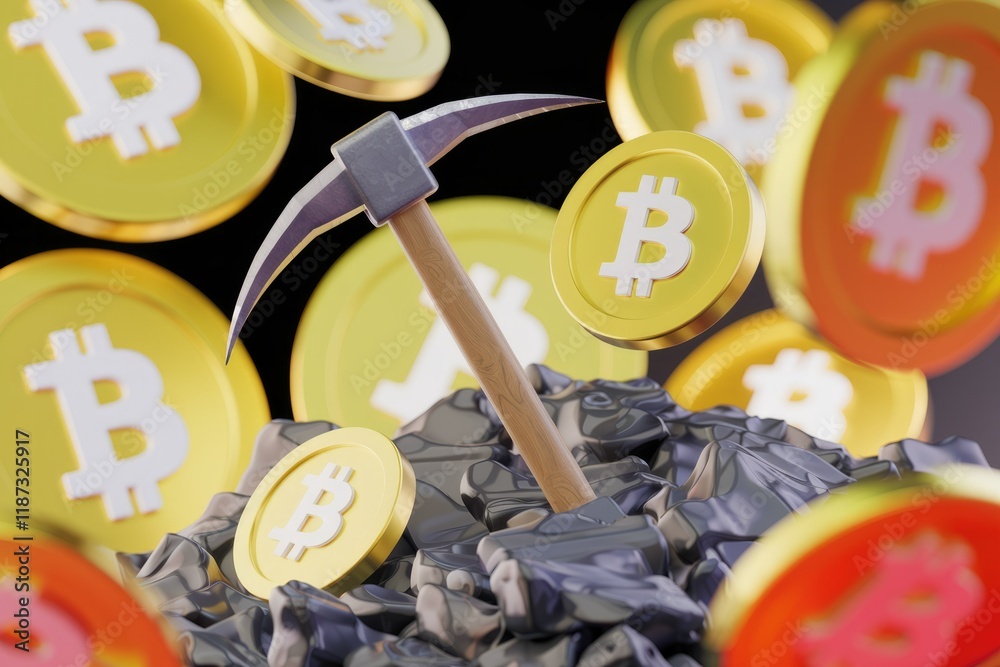Poster bitcoin mining: a pickaxe digs into a pile of bitcoin cryptocurrency coins, symbolizing the digital 