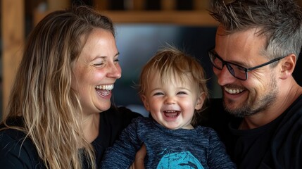 A family of three, a man, a woman and a child, are smiling and laughing together
