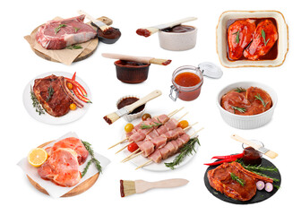 Marinade sauces and different types of marinated meat on white background, collage