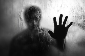 Mysterious Halloween shadow man behind frosted glass.