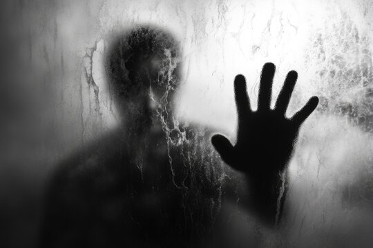 Mysterious Halloween shadow man behind frosted glass.