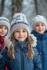 Fototapeta premium Children are enjoying wintertime outdoors, bundled in colorful jackets and knitted hats. Snowflakes gently fall around them as they share smiles and laughter, creating a joyful atmosphere