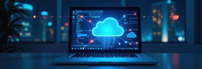 Cloud computing data storage internet technology concept on laptop screen in office at night