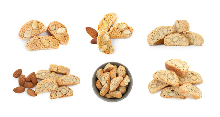 Tasty cookies with almond nuts isolated on white, set. Traditional Italian Cantuccini