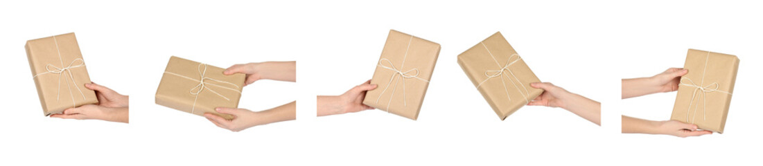 Woman holding parcel on white background, closeup. Collage