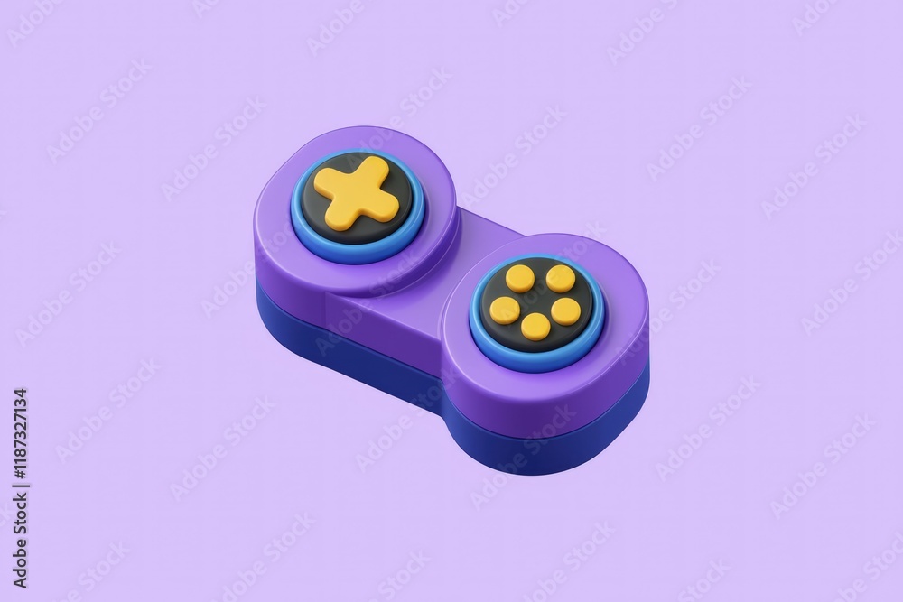 Poster A vibrant purple 3D model of a simplified game controller with yellow buttons.