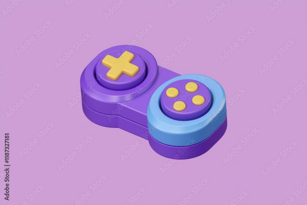Poster a purple and blue 3d model of a simplified video game controller.