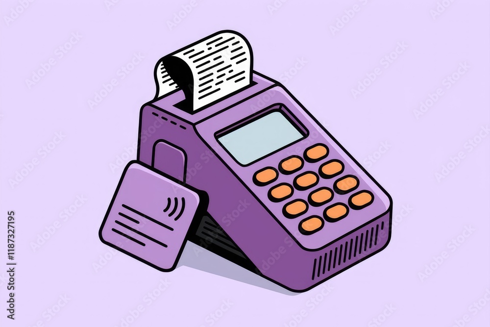 Poster a purple pos terminal with a receipt printing and contactless payment option.