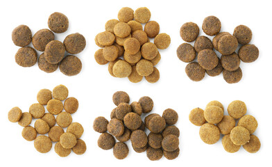 Dry pet food for dogs isolated on white, top view