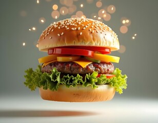A delicious burger with fresh ingredients and glowing festive sparks.