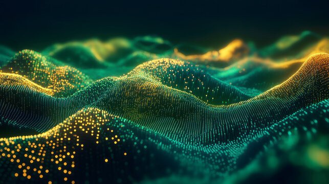 Digital landscape with abstract floating data points and geometric designs, futuristic technology