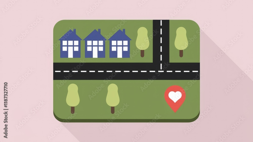 Poster A simple map showing three houses, a road, trees, and a heart indicating a location.