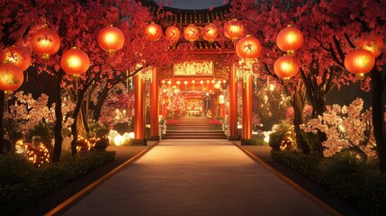 Illuminated Pathway Through Blossom Trees and Red Lanterns