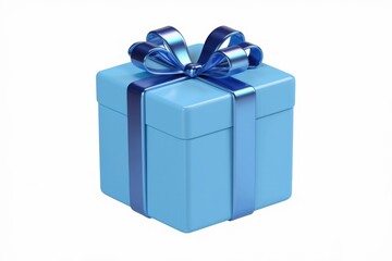 Obraz premium A light blue gift box with a shiny blue ribbon, isolated on white background.