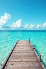 Fototapeta premium Rustic wooden dock extends into calm blue sea, bright sky backdrop , vacation, light