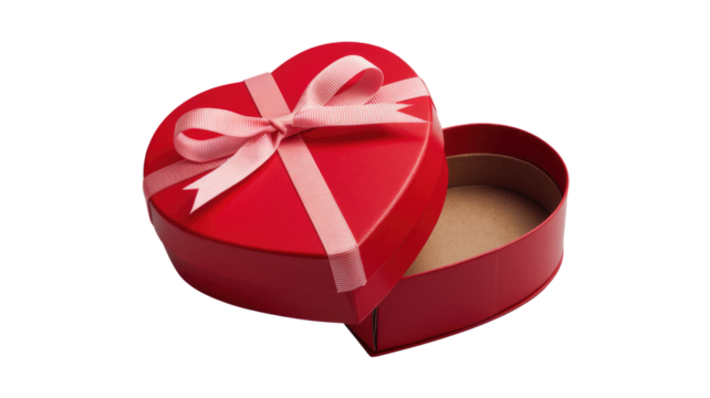 A red heart-shaped gift box with a pink ribbon, open and empty, isolated on white. background removed