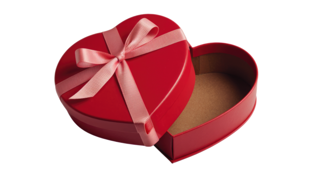 Open red heart-shaped gift box with pink ribbon, perfect for Valentine's Day. background removed
