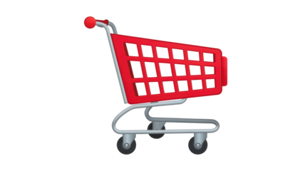 A red shopping cart with a transparent background, ideal for online shopping or retail graphics. background removed