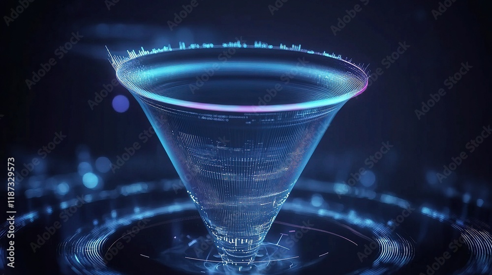 Poster futuristic 3d funnel chart with dynamic data visualization elements