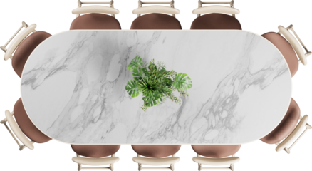 Top view of round white marble dining table with chairs	