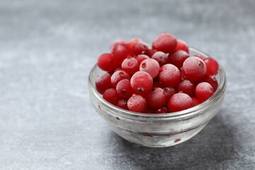 Frozen cranberries in a bowl on a gray background